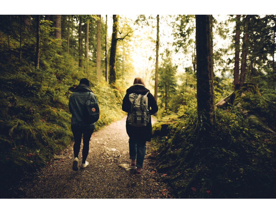 Afbeelding van twee personen die samen mindful wandelen in een rustig bos. Ze lopen langzaam naast elkaar op een met bladeren bedekt pad, omgeven door hoge bomen en zachte herfstkleuren. Hun gezichten zijn ontspannen en hun aandacht lijkt gericht op de natuur en hun bewegingen, terwijl ze bewust ademhalen en genieten van de stilte en rust om hen heen, passend bij een mindfulness training in duo-vorm in een natuurlijke omgeving.