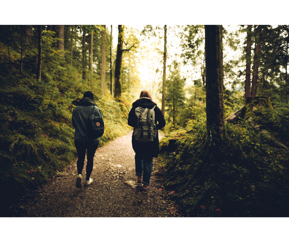 Afbeelding van twee personen die samen mindful wandelen in een rustig bos. Ze lopen langzaam naast elkaar op een met bladeren bedekt pad, omgeven door hoge bomen en zachte herfstkleuren. Hun gezichten zijn ontspannen en hun aandacht lijkt gericht op de natuur en hun bewegingen, terwijl ze bewust ademhalen en genieten van de stilte en rust om hen heen, passend bij een mindfulness training in duo-vorm in een natuurlijke omgeving.